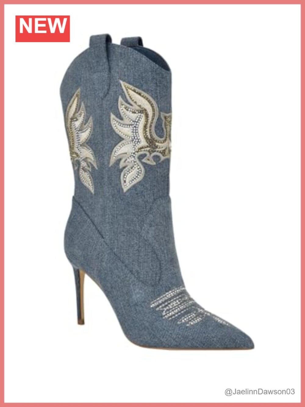 Denim Booties with Rhinestone Embroidered Western Detailing Stiletto Heels
